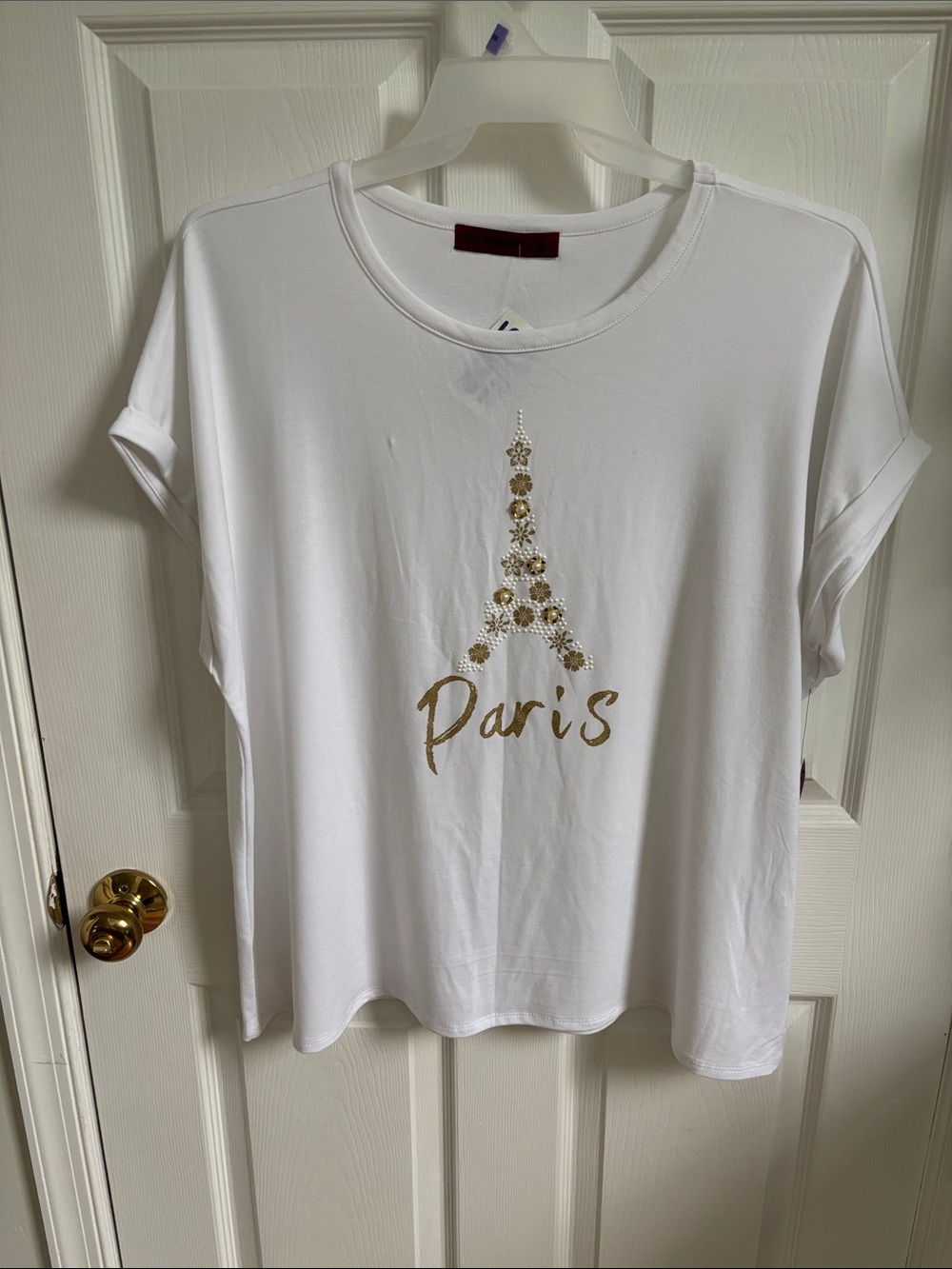 Scarlett White Tee with Gold Eiffel Tower Graphic size 2x